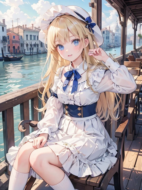 masterpiece, highest quality, Very detailed, 16k, Ultra-high resolution, , Detailed face, Perfect Fingers, blue eyes, Blonde, Long Hair, Wide-brimmed feathered hat, Gorgeous white blouse, Luxurious brooches, (Long skirt:1.3), White High Knee Socks, Enamel shoes, SZ_4po enviroment, Venice cityscape, Waterway, Seats in the gondola, (The girl sits down:1.3)