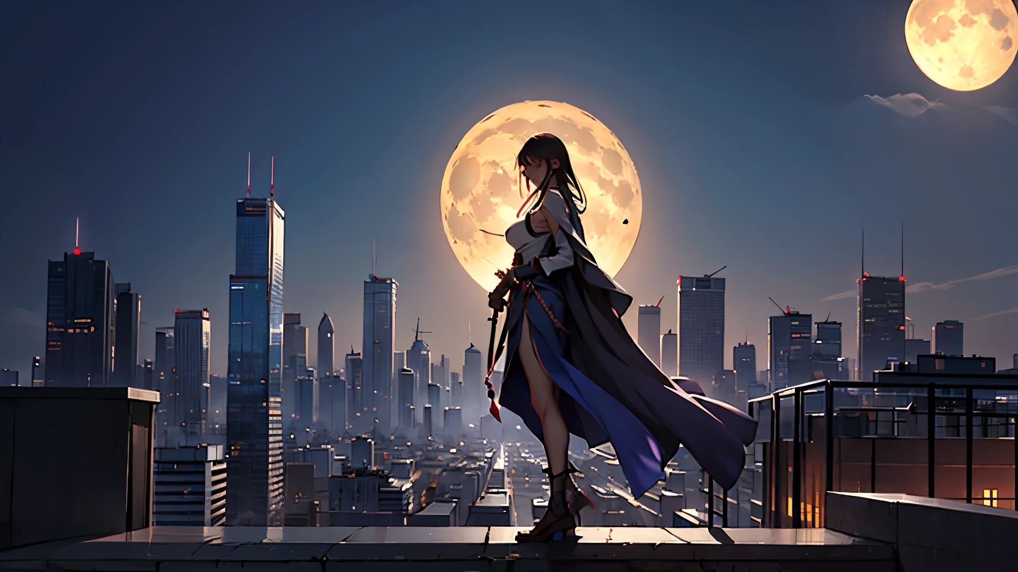 Una chica anime con una katana se encuentra en el borde de una azotea alta., con vistas a una ciudad en expansión iluminada por luces de neón. La luna llena arroja un brillo plateado en su rostro decidido., y su manto oscuro ondea en la brisa nocturna. abajo, la ciudad bulle de vida, inconsciente del inminente choque a punto de desarrollarse arriba.