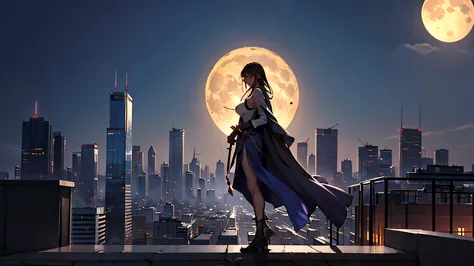 An anime girl with a katana stands on the edge of a tall rooftop, overlooking a sprawling city illuminated by neon lights. The f...