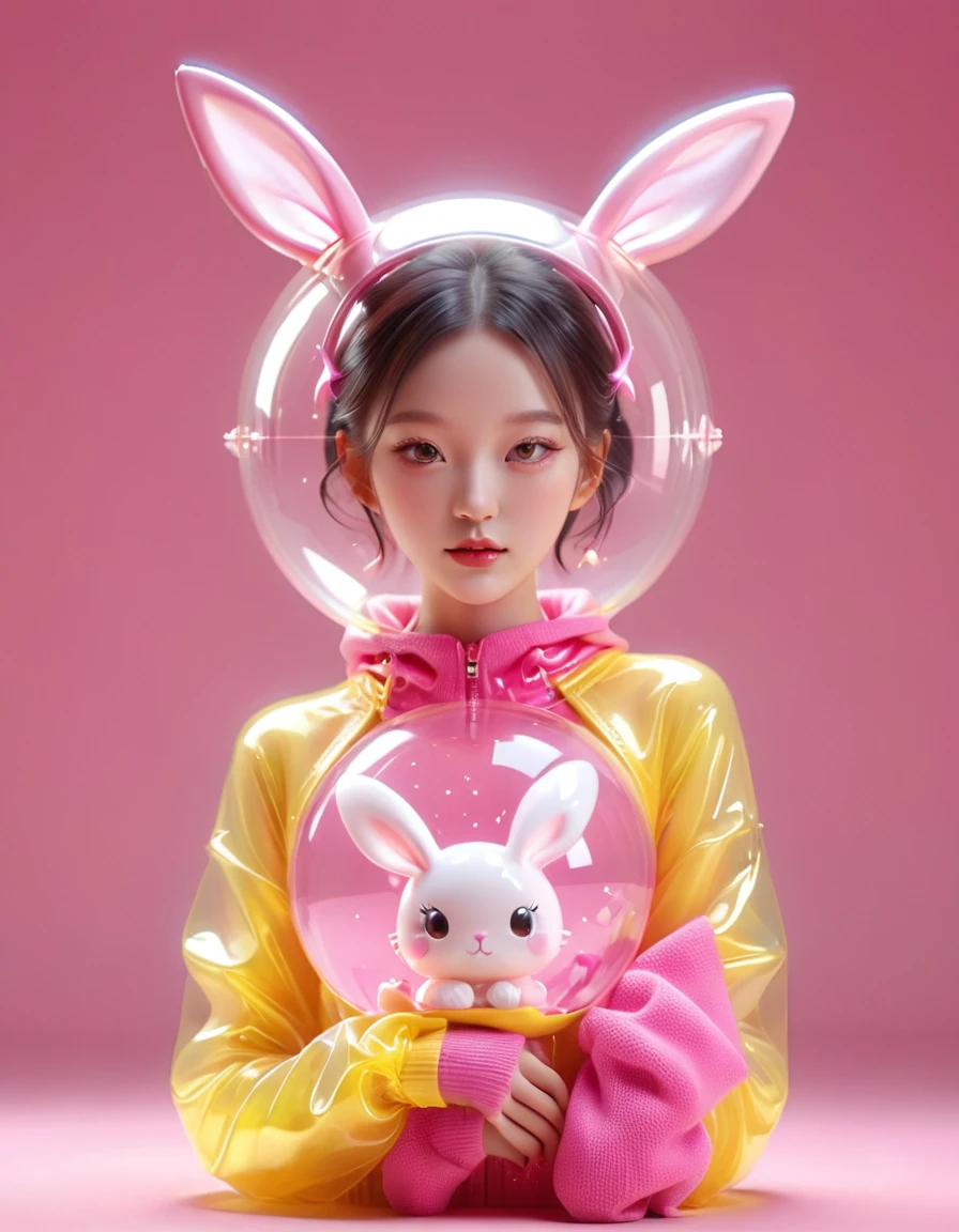 Techwear] A cute fashion of a yellow woman with head star shaped with adorable eyes and a zigzag mouth inside a transparent sphere with bunny ears and a pink base. The background is one color of pink. 3d, realistic, HD quality, detailed 3d Render, visible part of the torso, photorealism，xianxia