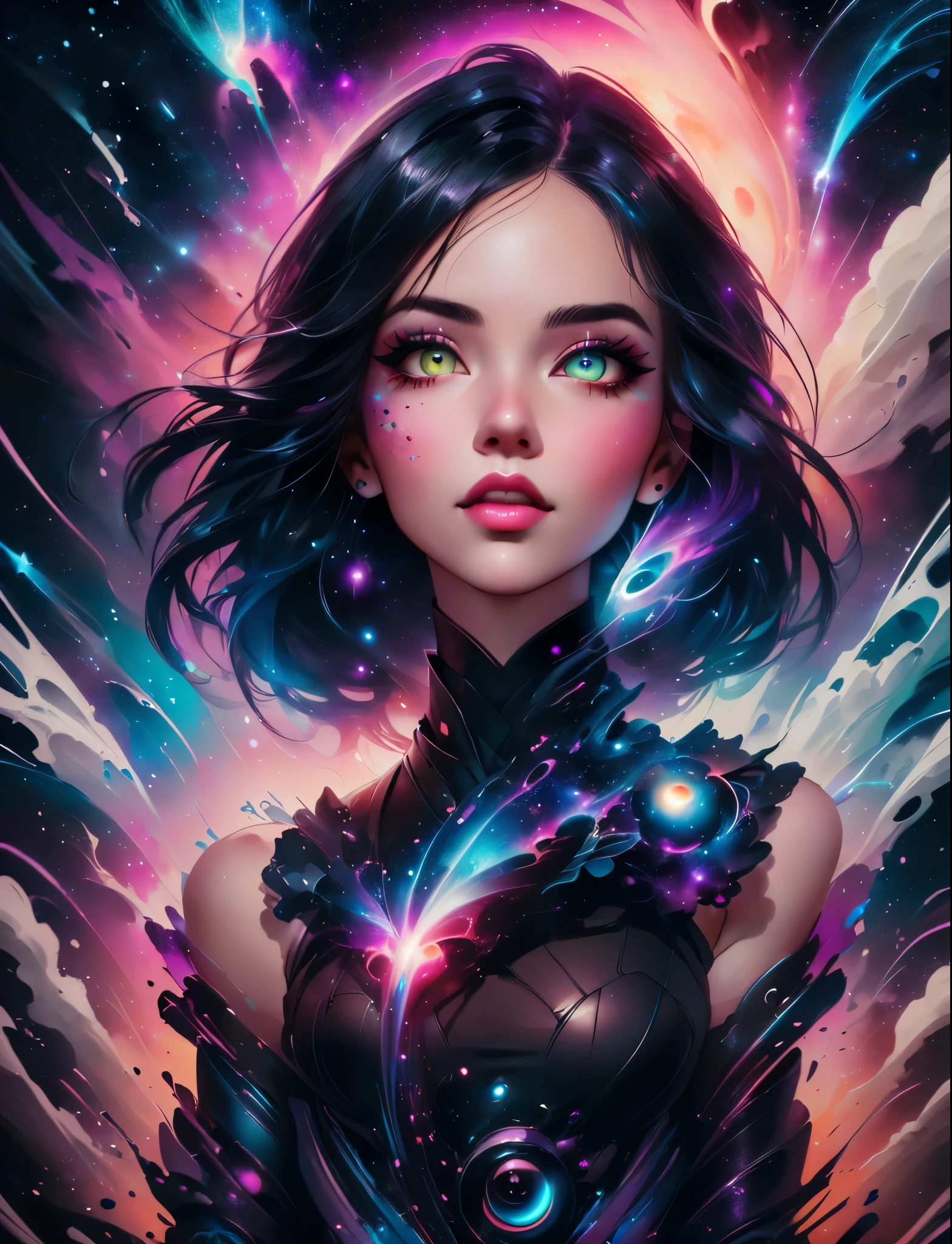 eine Frau mit schwarzen Haaren und einem schwarzen Oberteil steht vor einer Galaxie, Beeple und Jeremiah Ketner, artgerm julie bell beeple, Neoartcore und Charlie Bowater, jen bartel, Greg Beeple, atemberaubende digitale Illustration, Alice x. zhang, artgerm jsc, rossdraws cartoon lebendige