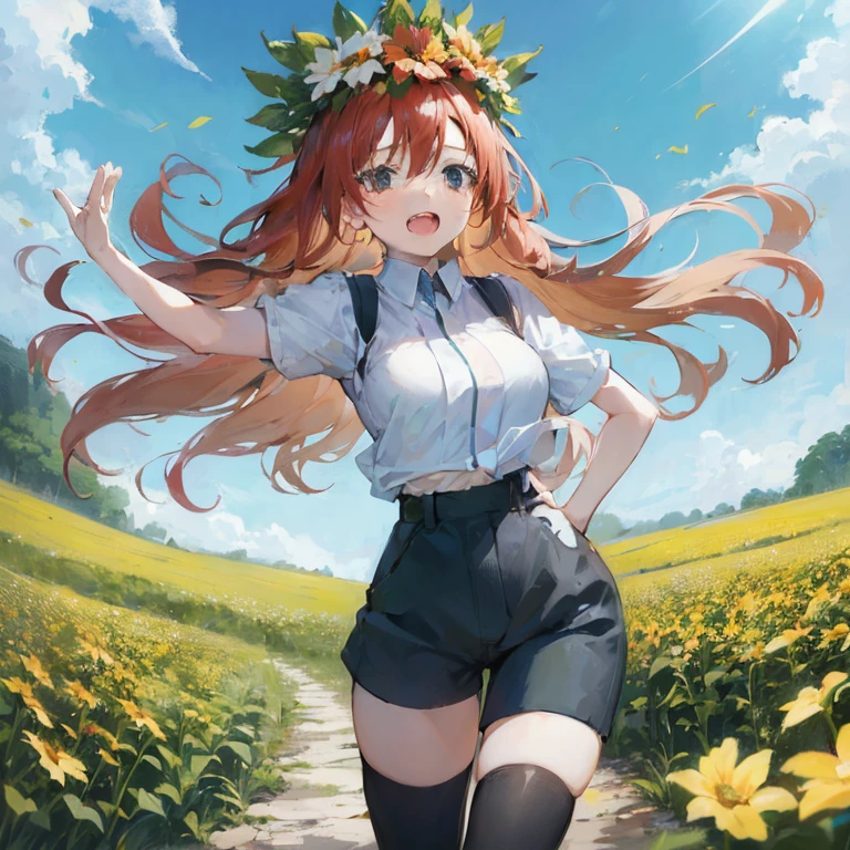 Woman with long hair and corolla on head, Beautiful sunflower anime girl, stands in a flowering field, Anime Girl with Long Hair, Beautiful anime girl, Anime visuals of cute girls, marin kitagawa fanart, in a sunny day, (Anime Girl), stands in a flowering field, Trending on ArtStation pixiv, in a sunny day