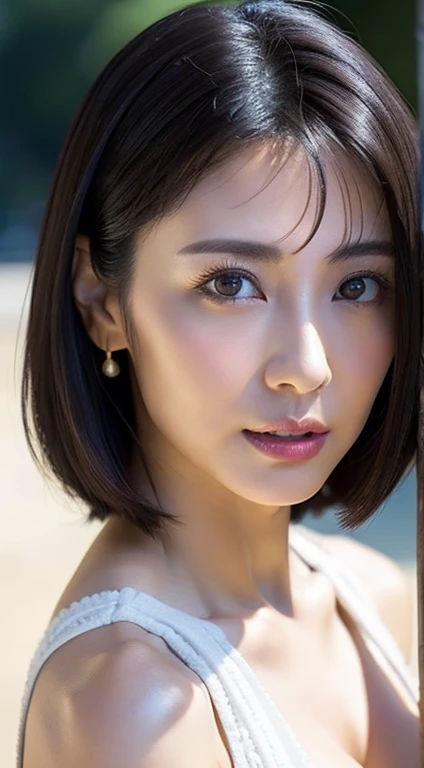 Best image quality、highest quality、8k、White tube top、Denim hot pants、G-Cup、I can see her cleavage、35-year-old Japanese middle-aged woman、Fine wrinkles on the face、Black stiletto heel、walk、Resort Beach、Big earrings、Dark brown short bob、Realistic Hair、Realistic skin texture、Detailed face、Looking into the camera、Trance、I opened my mouth