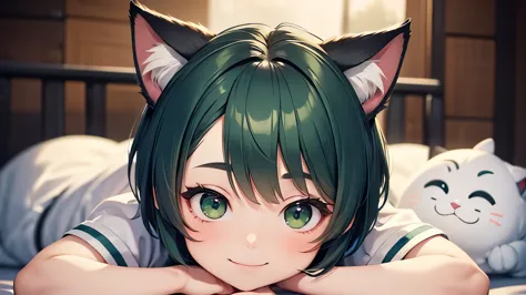 a cute and playful girl with boyish short hair, green hair, a big smile,, (highest quality, masterpiece, ultra-realistic) ,playi...