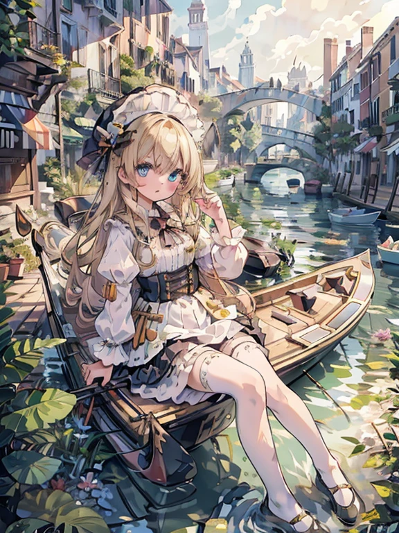 masterpiece, highest quality, Very detailed, 16k, Ultra-high resolution, 14-year-old girl, Detailed face, Perfect Fingers, blue eyes, Blonde, Long Hair, Wide-brimmed feathered hat, Gorgeous white blouse, Luxurious brooches, Long skirt, White High Knee Socks, Enamel shoes, SZ_4po enviroment, Venice cityscape, Waterway, Seats in the gondola, (The girl sits in a gondola:1.3)