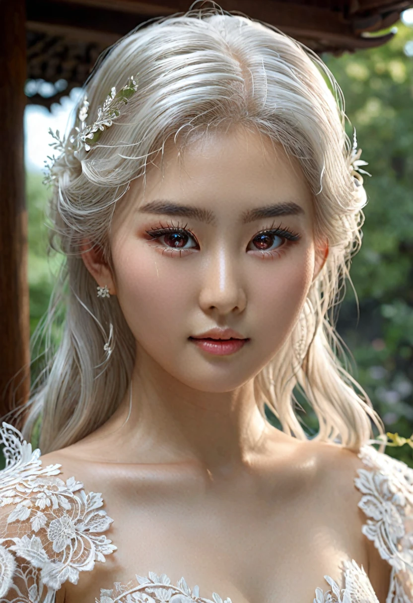 (((Tall Korean Woman, intense and deep pale skin, peau parfaite, en mouvement,  marche, full body, cheveux blanc brillant, cheveux longs et droits, intelligente, long fine lace body dress, robe couleur rouge sang))), ((best quality, extremely detailed:1.8, hyperRéaliste:1.5, photorealistic:1.5, grande profondeur de champ, vue de face, very beautiful 35 year old woman, Prise de vue en direct, low-cut, fine lace body dress, full body and legs)), ((femme debout, she walking to me, cheveux très longs blanc platine, cheveux de couleur blanc platine, quelques tresses, light blood red strapless dress, dentelles fines et délicates, poitrine push-up)), ((detailed asian woman face looking at camera, electric clear white eyes, cheveux long blanc platine)), (photorealistic), sharp eyes, poitrine push-up, very thin waist, jambes longues, longues jambes,  fine and detailed hands, detailed hairstyle, very long white hair,  femme charismatique, charisme, charismatique, sparkling eyes, dentelles fractal, ((cheveux blanc platine brillants, plan large)), forêt de cèdres 