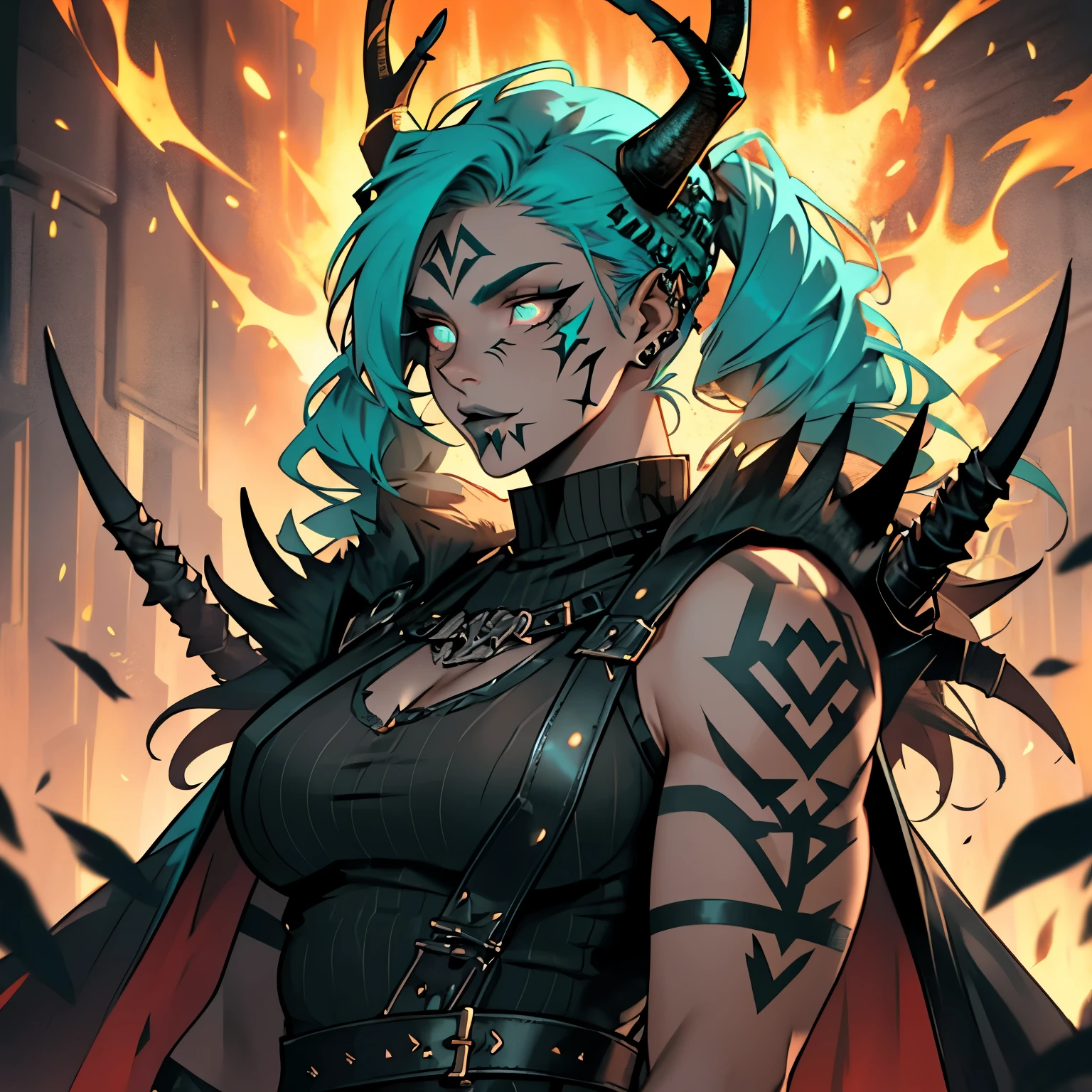 Rhea Ripley as a Musclé female gothich viking, porter des vêtements vikings gothiques en cuir, a de longues nattes hérissées, a des pointes, a des bois faits de feu, cheveux turquoise, rouge à lèvres noir, masculin, Musclé, a des vêtements marron, a une hache viking, a des tatouages de runes viking brillants, runes rougeoyantes, vêtements cloutés en cuir viking, yeux parfaits, yeux dorés, 