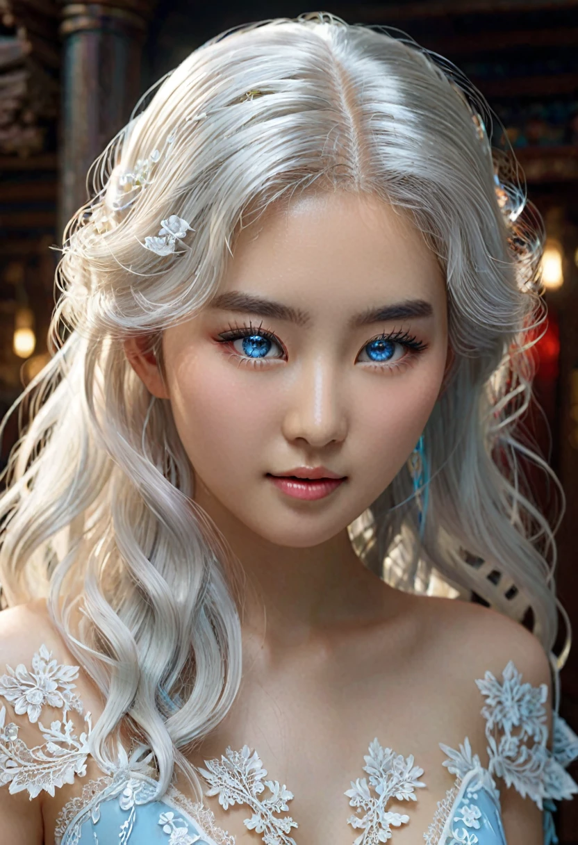 (((Tall Korean Woman, intense and deep pale skin, peau parfaite, en mouvement,  marche, full body, cheveux blanc brillant, cheveux longs et droits, intelligente, long fine lace body dress, robe couleur rouge sang))), ((best quality, extremely detailed:1.8, hyperRéaliste:1.5, photorealistic:1.5, grande profondeur de champ, vue de face, very beautiful 35 year old woman, Prise de vue en direct, low-cut, fine lace body dress, full body and legs:1.8)), ((femme debout, she walking to me, cheveux très longs blanc platine, cheveux de couleur blanc platine, quelques tresses, light blood red strapless dress, dentelles fines et délicates, poitrine push-up)), ((detailed asian woman face looking at camera, electric light blue eyes, cheveux long blanc platine)), (photorealistic), sharp eyes, poitrine push-up, very thin waist, jambes longues, longues jambes,  fine and detailed hands, detailed hairstyle, very long white hair,  femme charismatique, charisme, charismatique, sparkling eyes, dentelles fractal, ((cheveux blanc platine brillants, plan large)), forêt de cèdres 