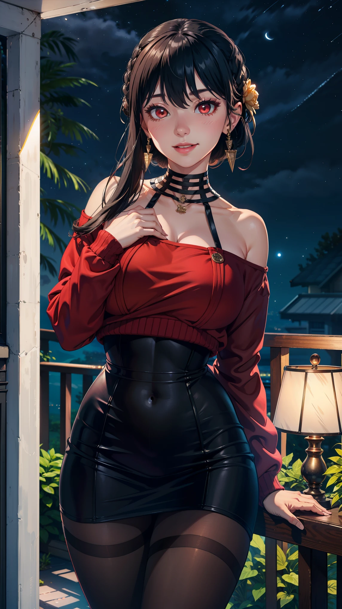 Masterpiece, ultra detail, high quality, 8k cg, blush, bright eyes, standing, outdoors, smile, (night:1.5), slim body, narrow waist, large breast,yor briar, long hair, black hair, red eyes, off shoulder, red sweater dress, pantyhose, earrings