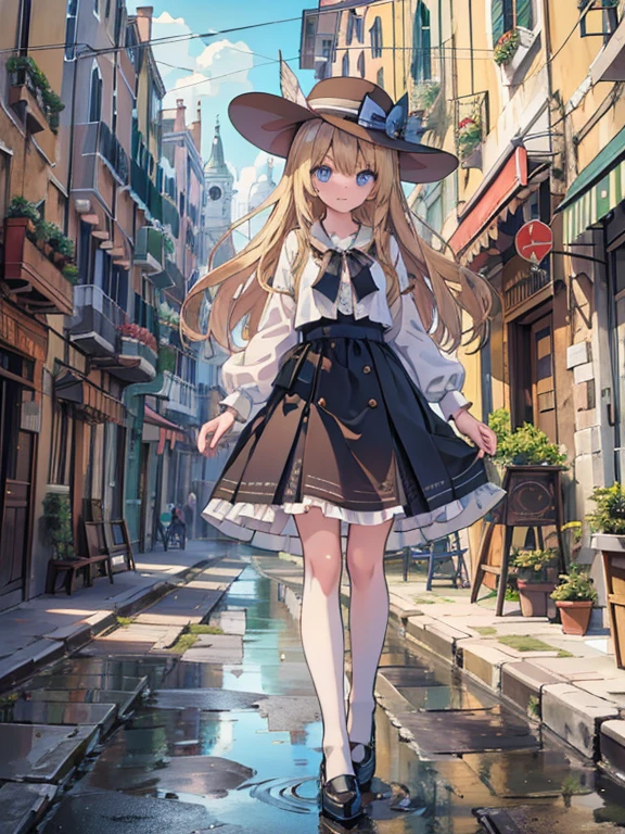 masterpiece, highest quality, Very detailed, 16k, Ultra-high resolution, , Detailed face, Perfect Fingers, blue eyes, Blonde, Long Hair, Wide-brimmed feathered hat, Gorgeous white blouse, Luxurious brooches, Long skirt, White High Knee Socks, Enamel shoes, Venice cityscape, gondola, Walking the Streets