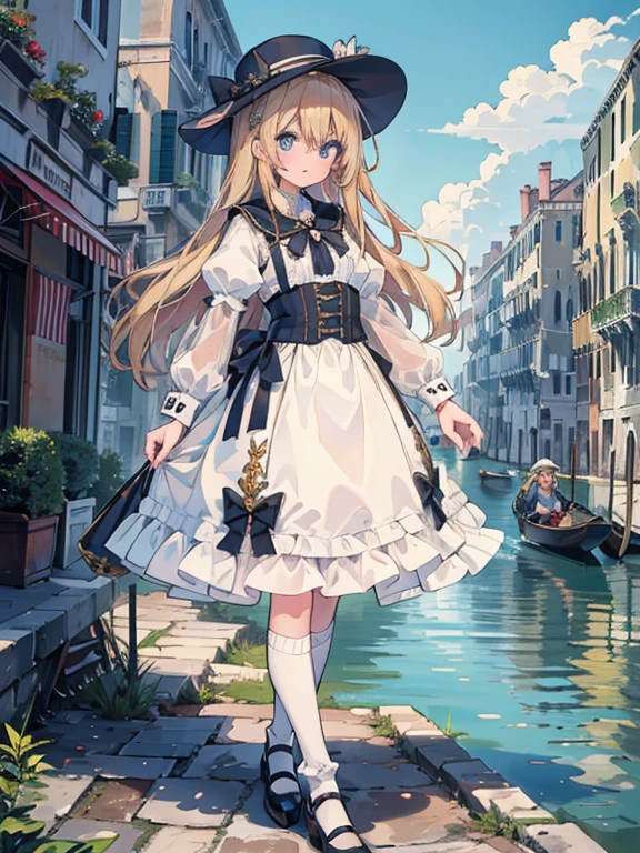 masterpiece, highest quality, Very detailed, 16k, Ultra-high resolution, , Detailed face, Perfect Fingers, blue eyes, Blonde, Long Hair, Wide-brimmed feathered hat, Gorgeous white blouse, Luxurious brooches, Long skirt, White High Knee Socks, Enamel shoes, Venice cityscape, gondola, Walking the Streets