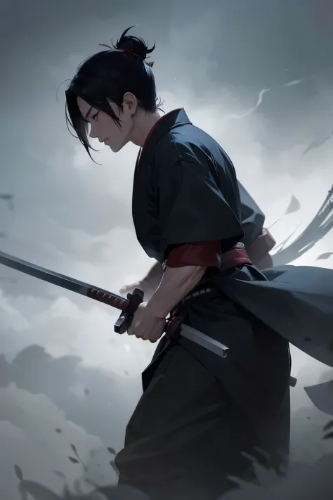 anime style, super quality, samurai in the fog with a sword, dark atmosphere