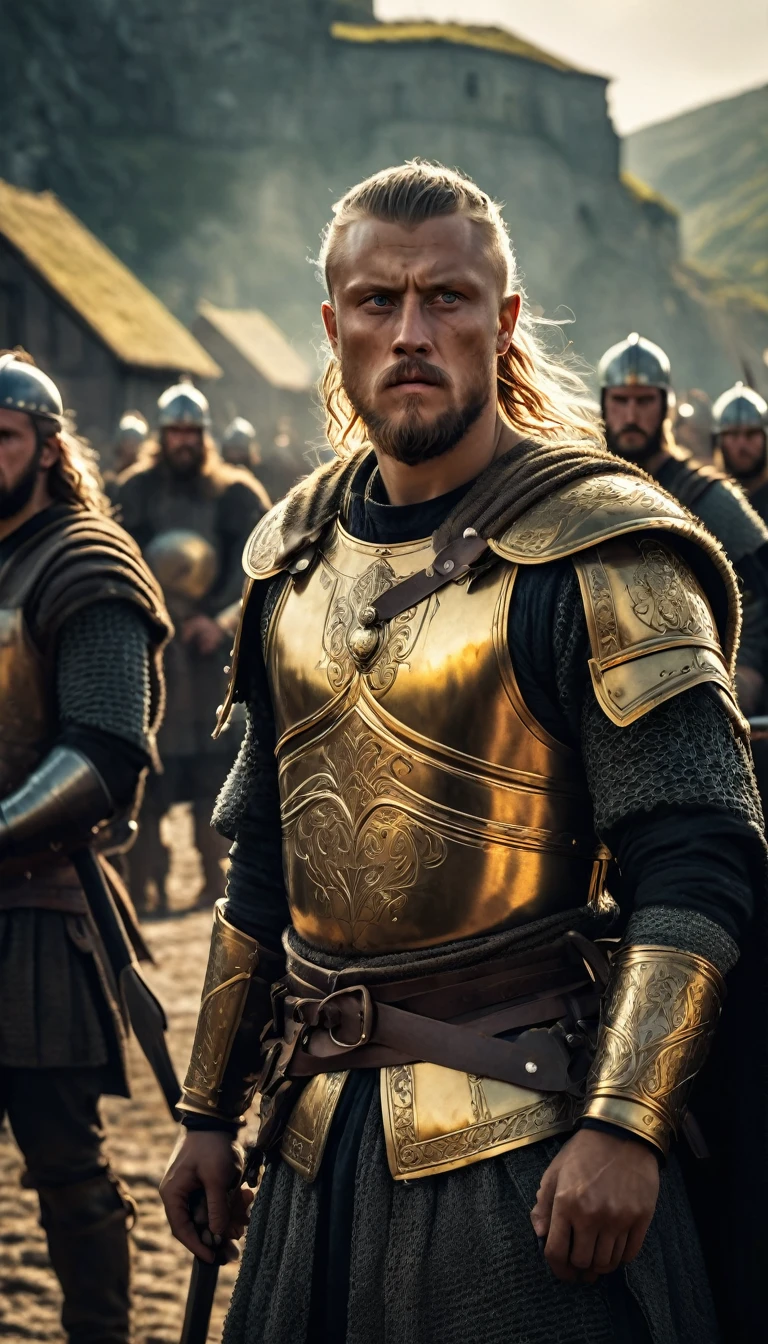 Illustrate the sons of Ragnar lothbrok standing together, wearing viking armor and holding weapons, ready to fight, heading for King Aella's fortress,
digital UHD (k) image, cinematic film still dramatic side lighting, dramatic intense stare closeup portrait,  hdr,  shallow depth of field, vignette, highly detailed, high budget Hollywood film, cinemascope, moody, epic, gorgeous
, Highly detailed and clean, Photorealistic and cinematic masterpiece, professional photography, realistic, realism, 200k , Raytracing and light effect , gold magic, gold efect, lighting gold, digital, perfect composition, beautiful detailed intricate insanely detailed octane render trending on artstation, 8 k artistic photography, photorealistic concept art, soft natural volumetric cinematic perfect light, award - winning photograph, masterpiece, raphael, caravaggio, greg rutkowski, beeple, beksinski, giger