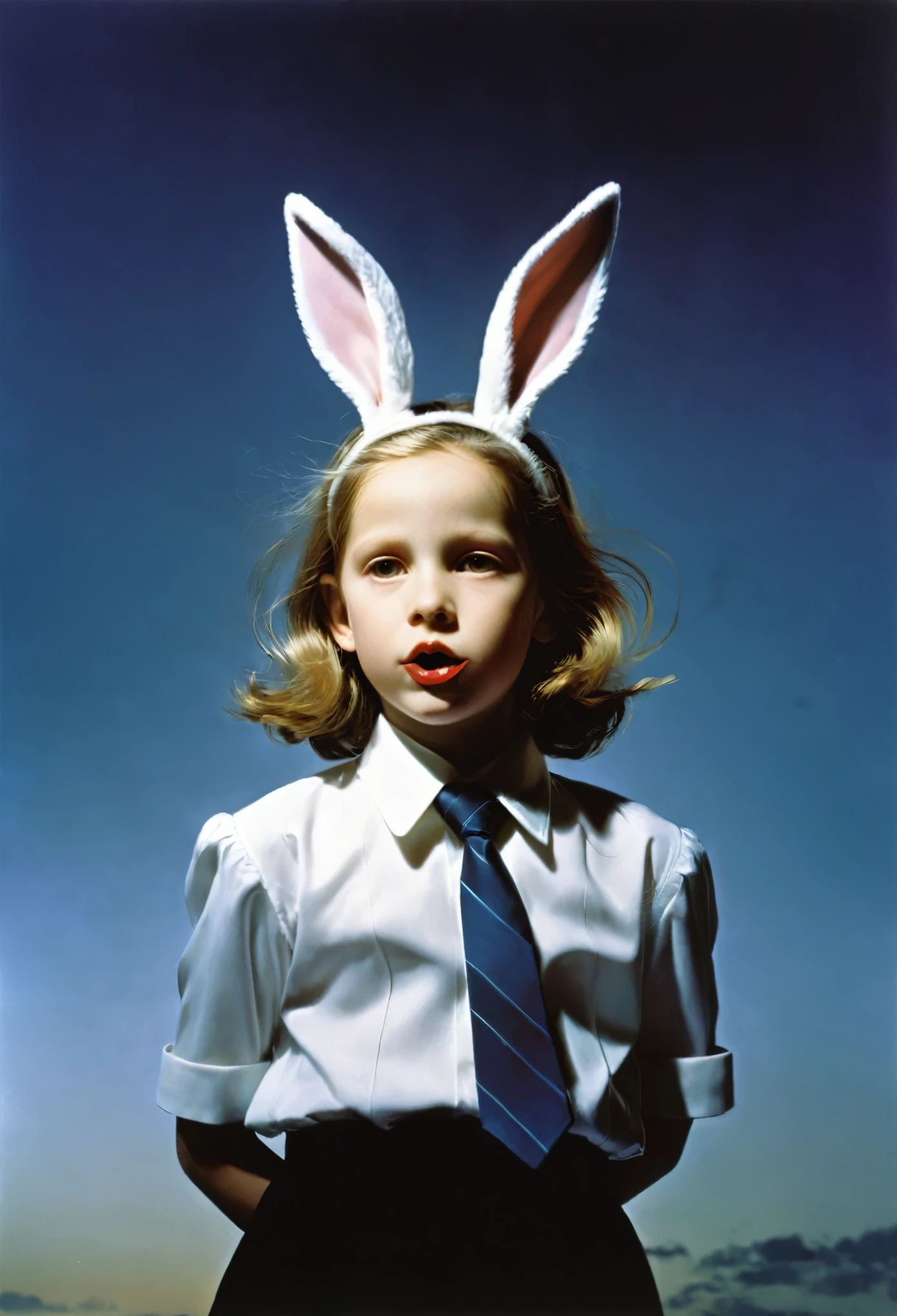 rabbit girl by gottfried helnwein and dali, We snuff out beauty with our thoughts, a basic movement captured a moment of release, minimalist, then it got sealed and forgotten, it screamed unto nature, expressionist photograph, surreal and weird take, unknowable as ever, the childhood's halo stretches like an horizon then comes around like a necktie, the filter chokes