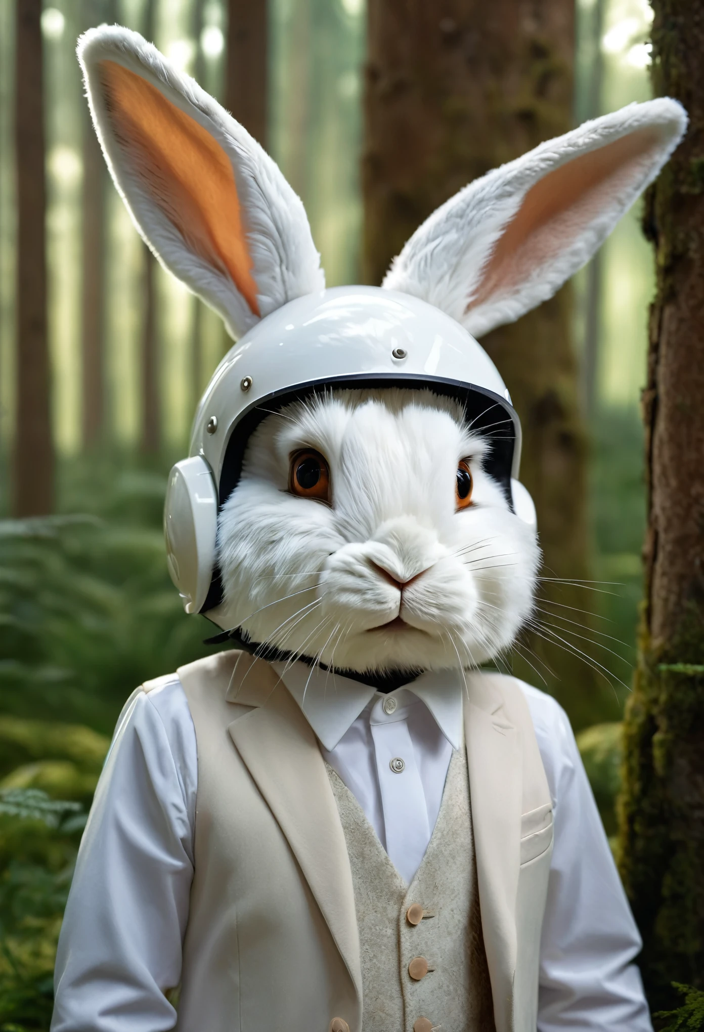 a white helmet covering hare ears, a cute rabbit in the forest, detailed realistic fur, large expressive eyes, realistic lighting, intricate details, cinematic composition, highly detailed, 8k, photorealistic, masterpiece