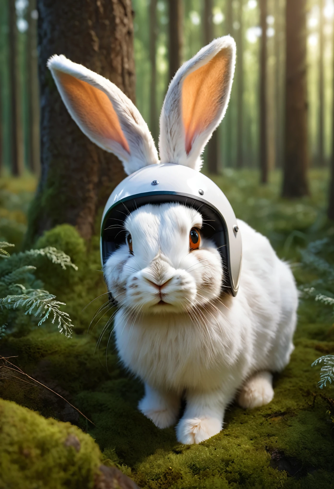 a white helmet covering hare ears, a cute rabbit in the forest, detailed realistic fur, large expressive eyes, realistic lighting, intricate details, cinematic composition, highly detailed, 8k, photorealistic, masterpiece