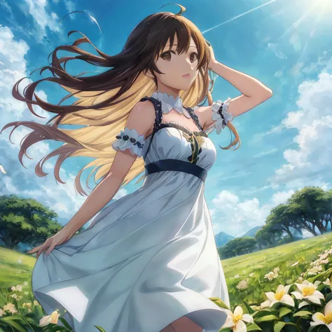 woman in white dress standing in flower garden, anime visuals of cute girls, smooth anime cg art, rin, official anime artwork, b...