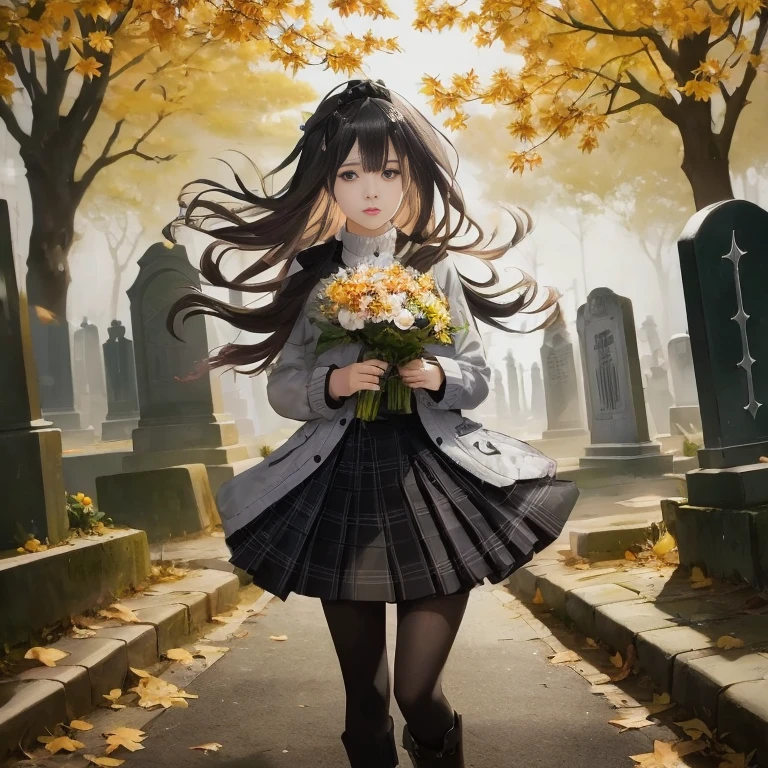 Anime girl with flowers walking in cemetery, Anime visuals of cute girls, guweiz on pixiv artstation, guweiz, Anime art wallpaper 8k, guweiz on artstation pixiv, artwork in the style of guweiz, in a graveyard, anime girl wearing a black dress, Smooth Anime CG Art, Gothic Maiden anime girl