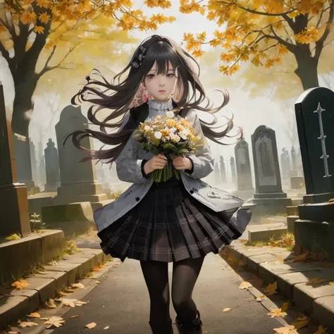 anime girl with flowers walking in cemetery, anime visuals of cute girls, guweiz on pixiv artstation, guweiz, anime art wallpape...