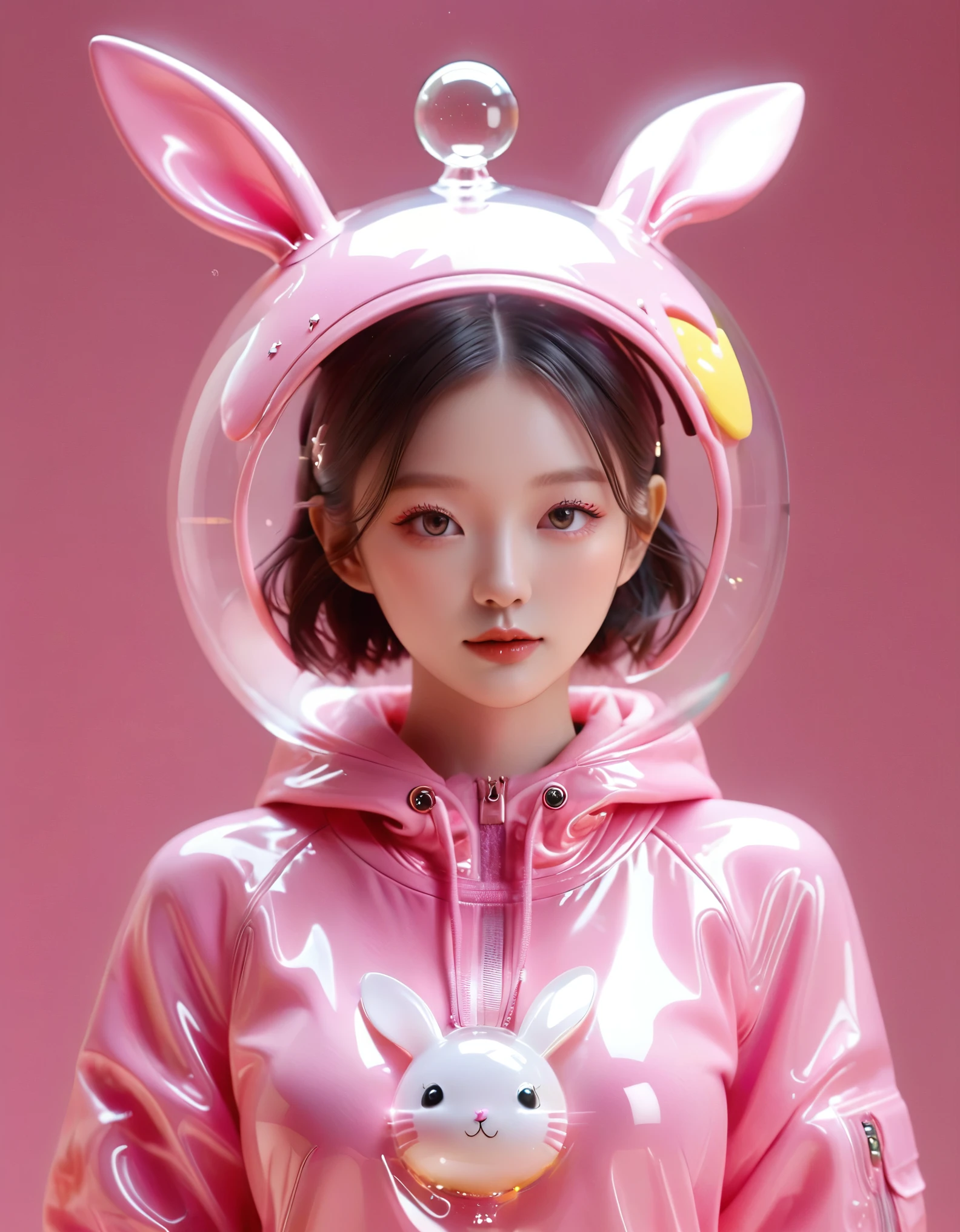 Techwear] A cute fashion of a yellow woman with head star shaped with adorable eyes and a zigzag mouth inside a transparent sphere with bunny ears and a pink base. The background is one color of pink. 3d, realistic, HD quality, detailed 3d Render, visible part of the torso, photorealism，xianxia