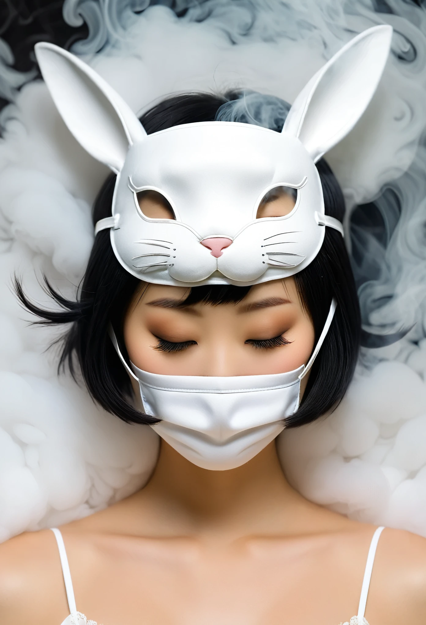 a front-view photograph. The smoke, resembling a rabbit's face, covers the eye area like an eye mask on the face of a female model (Japanese with short bob hair) . White smoke in front of her forms a distinct rabbit face, resembling a sleepily-eyed eye mask over her eyes. The smoke art has realistic textures, blending seamlessly with the rabbit’s sleepy face