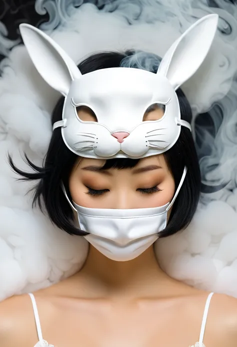 a front-view photograph. The smoke, resembling a rabbit's face, covers the eye area like an eye mask on the face of a female mod...