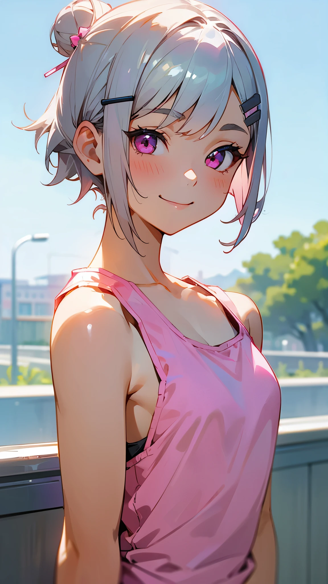 １girl、Short silver bob hair tied in a bun with a hair clip, Pink Eyes、smile、really like、Pink tank top、hot pants、Upper body close-up、Morning Cafe Terrace、Background blur, Written boundary depth