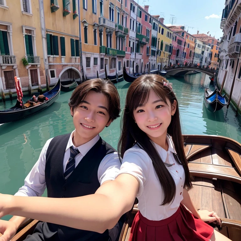 Have a smartphone、The unique scenery and historical architecture of the floating city、 (Beautiful girl smiling and taking a selfie while riding a gondola:1.5)、highest quality、High resolution、Detailed Background、(Beautiful face in every detail:1.4)、Anatomically correct、(Detailed facial expressions)、(Fine grain:1.2)、Teenage Beauty、(Highly detailed face:1.4)、Cute hair color、Bobcut、ponytail、Cute hairstyle、well-groomed eyebrows、Do cute things、School trip、Cute JK Uniform、 A gondola glides gracefully under a stone bridge along the canal、There are two young women in the car..、 They are sitting holding hands、She has a slightly embarrassed look on her face.、.、 An elegant gondola、The two of them seem to be dreaming as they look out at the historical buildings lining both sides of the street..、.、They are holding hands and enjoying the view of the canal.、 sometimes, Gondola, It brought a smile to both their faces..、The reflection of the two people on the water surface sways 美しいly.、 In the relaxed flow of time、They both look really happy、 The story unfolds on the canals of Venice..、that&#39;romantic scene.