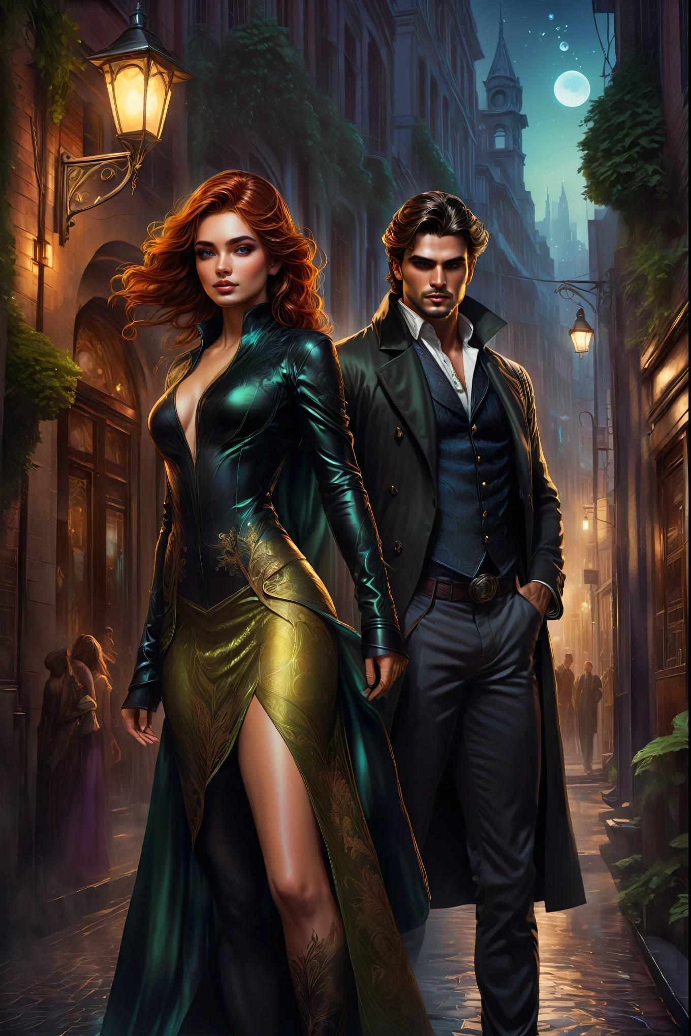 arafed image of a couple of people standing in a street, artgerm and j. dickenson, edmund blair and charlie bowater, charlie bowater and mark brooks, artgerm and genzoman, darius zawadzki and tom bagshaw, romance novel cover, stylized urban fantasy artwork, PERFECT ANATOMY, beautifl detailed hand fingers, double exposition, ultra glossing silk hair