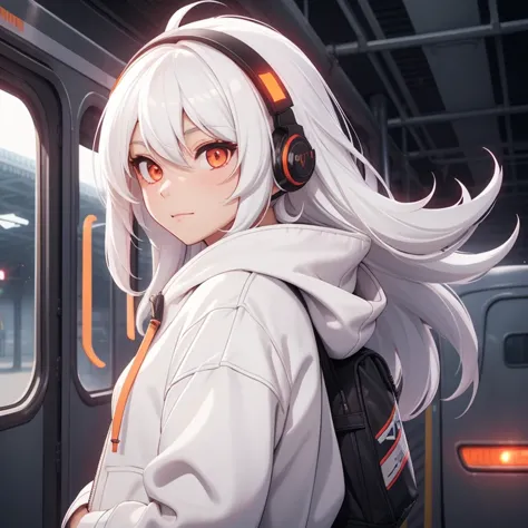 a girl, white hair, long hair, feminime, soft smile, white hoodie jacket, glowing orange eyes, train background, wearing black h...