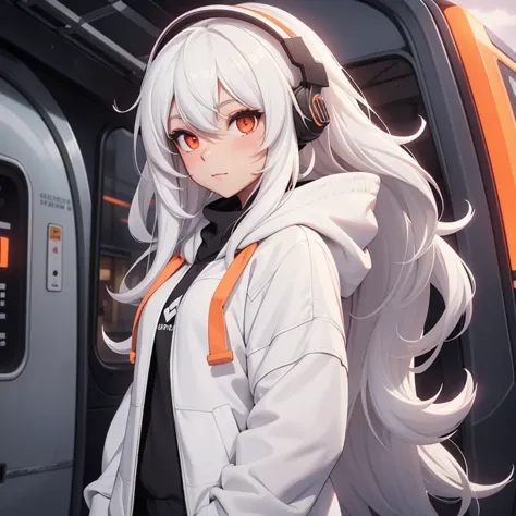 a girl, white hair, long hair, feminime, soft smile, white hoodie jacket, glowing orange eyes, train background, wearing black h...