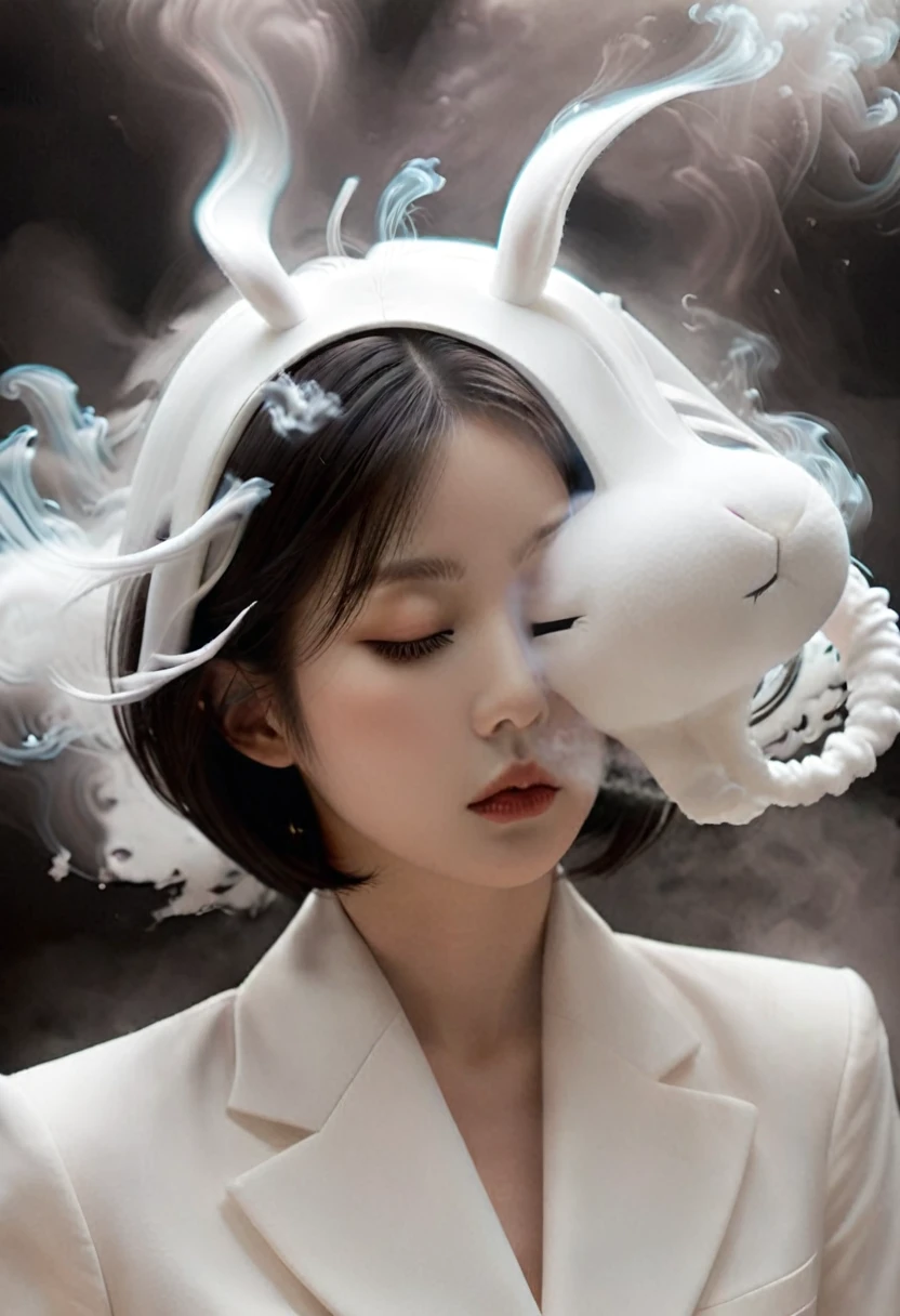 a side-view photograph. The smoke, resembling a rabbit's face, covers the eye area like an eye mask on the face of a female model (Japanese with short bob hair) . White smoke in front of her forms a distinct rabbit face, resembling a sleepily-eyed eye mask over her eyes. The smoke art has realistic textures, blending seamlessly with the rabbit’s sleepy face，bailing_darkness