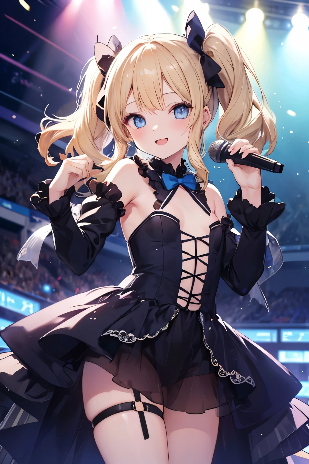 Blonde、Blue Eyes、girl、Small breasts、Twin tails、girl、Small breasts、Lolita、Bright smile、Looks about 15 years old、Petan Musume、He is short、目のhighlight、Sexy thighs、Idol、Sing with a microphone、Mine-based costumes、Your eyes are so beautiful、highlight