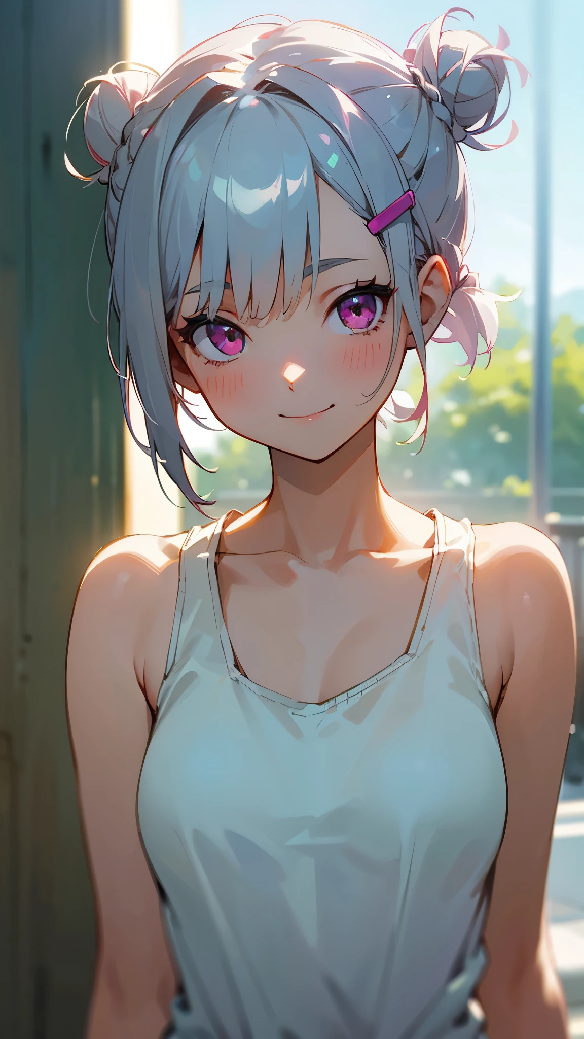１girl、Short silver bob hair tied in a bun with a hair clip, Pink Eyes、smile、really like、Tank top、Upper body close-up、Morning Cafe Terrace、Background blur, Written boundary depth
