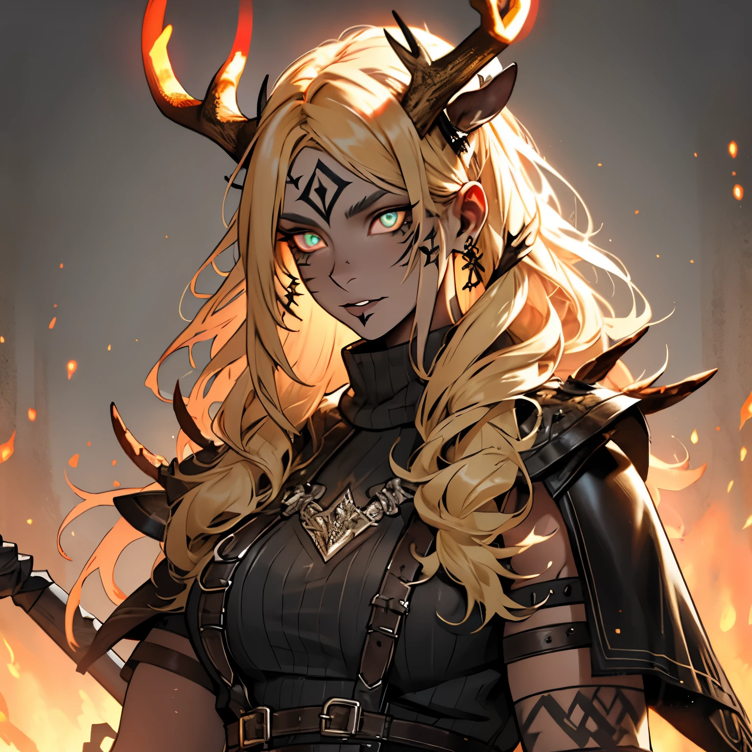 Rhea Ripley as a 筋肉質 female gothich viking, 革製のゴシックバイキングの服を着ている, 長く尖ったおさげ髪をしている, スパイクがある, 角がある made of fire, 金髪, 黒い口紅, 男性的な, 筋肉質, 茶色の服を着ている, バイキングの斧を持っている, 光るバイキングのルーンタトゥーがある, 光るルーン, バイキングの革のスタッド付き衣類, パーフェクトアイズ, 金色の目, 輝くオーラ, 輝く, 影, 陰影のある, 肖像画, 傑作, 大きな枝角, 敬虔な, 角がある