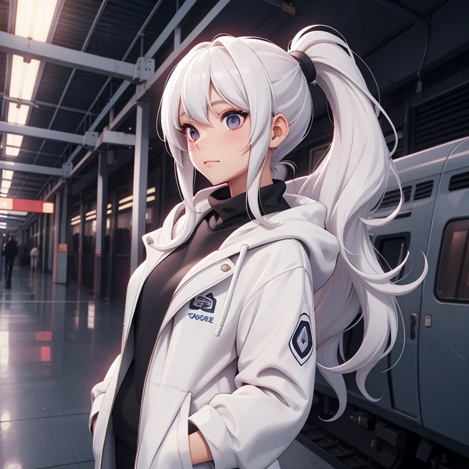 A girl, white hair, long hair, feminime, soft smile, white hoodie jacket, glowing navy eyes, train background, wearing black headphone, full body, masker, side ponytail hair, full body, medium breast, long legs, 