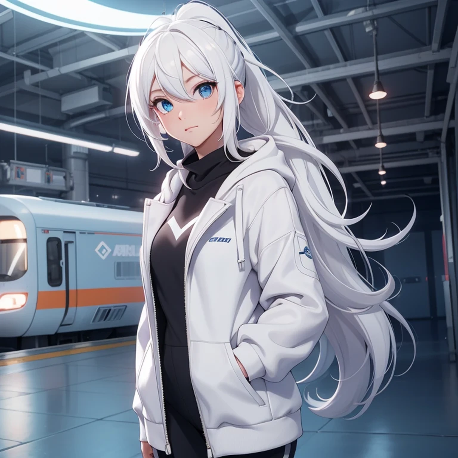 A girl, white hair, long hair, feminime, soft smile, white hoodie jacket, glowing blue eyes, train background, wearing black headphone, full body, masker, side ponytail hair, full body, medium breast, long legs, 