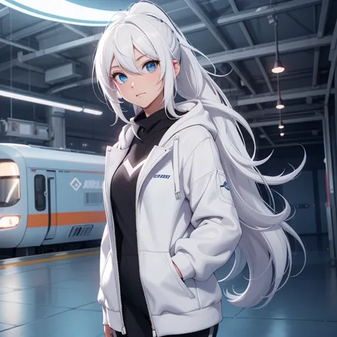 A girl, white hair, long hair, feminime, soft smile, white hoodie jacket, glowing blue eyes, train background, wearing black hea...