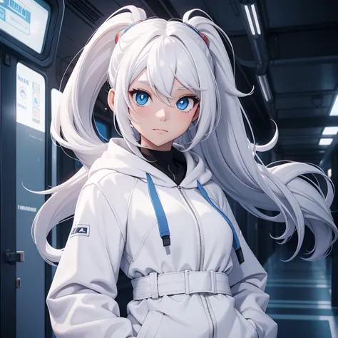 A girl, white hair, long hair, feminime, soft smile, white hoodie jacket, glowing blue eyes, train background, wearing black hea...