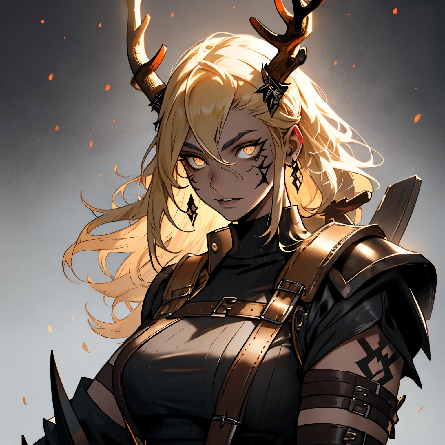 Rhea Ripley as a 筋肉質 female gothich viking, 革製のゴシックバイキングの服を着ている, 長く尖ったおさげ髪をしている, スパイクがある, 角がある made of fire, 金髪, 黒い口紅, 男性的な, 筋肉質, 茶色の服を着ている, バイキングの斧を持っている, 光るバイキングのルーンタトゥーがある, 光るルーン, バイキングの革のスタッド付き衣類, パーフェクトアイズ, 金色の目, 輝くオーラ, 輝く, 影, 陰影のある, 肖像画, 傑作, 大きな枝角, 敬虔な, 角がある