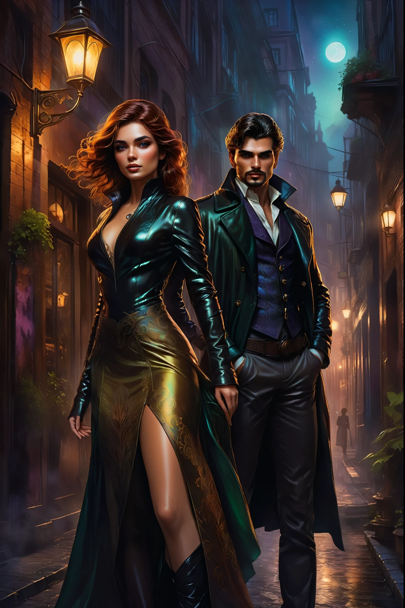 mujer vestida con bata de cuero inglesa, Imagen arafed de un par de personas paradas en una calle., artgerm y j. Dickenson, Edmund Blair y Charlie Bowater, charlie bowater y marca arroyos, artgerm and genzoman, darius zawadzki y tom bagshaw, novela romántica detective místico portada, obra de arte estilizada de fantasía urbana, anatomía perfecta, hermosos dedos de la mano detallados, doble exposición, cabello de seda ultrabrillante, calle vacía, atmósfera mística, niebla, colores complementarioscheme, colores complementarios, luz ultraglow de contorno