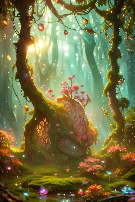 A cute moss covered dewy male male wizard, wrinkled old looking skin, close up in a dewy rain forest with pink orange red and ye...
