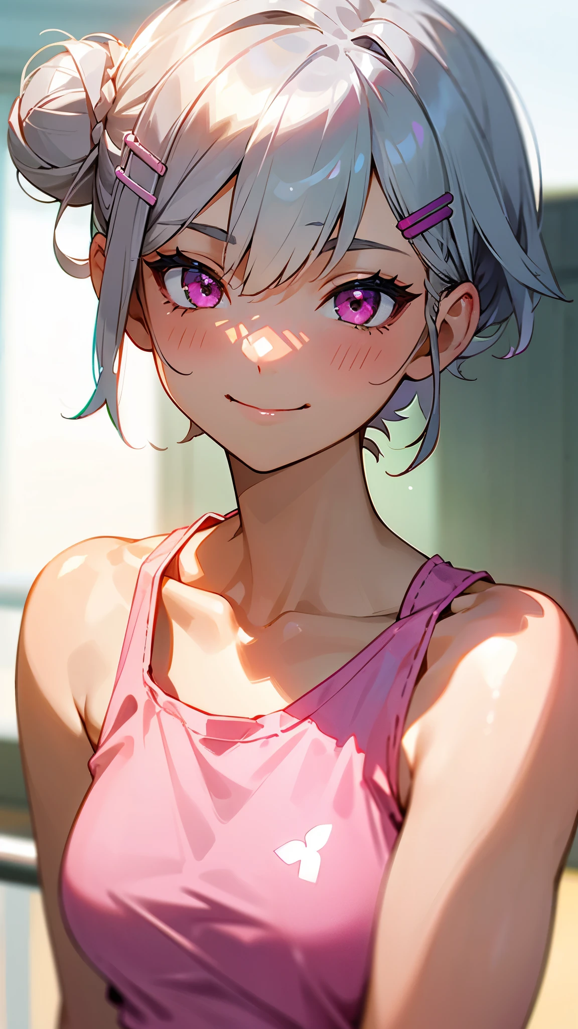 １girl、Short silver bob hair tied in a bun with a hair clip, Pink Eyes、smile、really like、Pink and silver tank top、Upper body close-up、Morning Cafe Terrace、Background blur, Written boundary depth