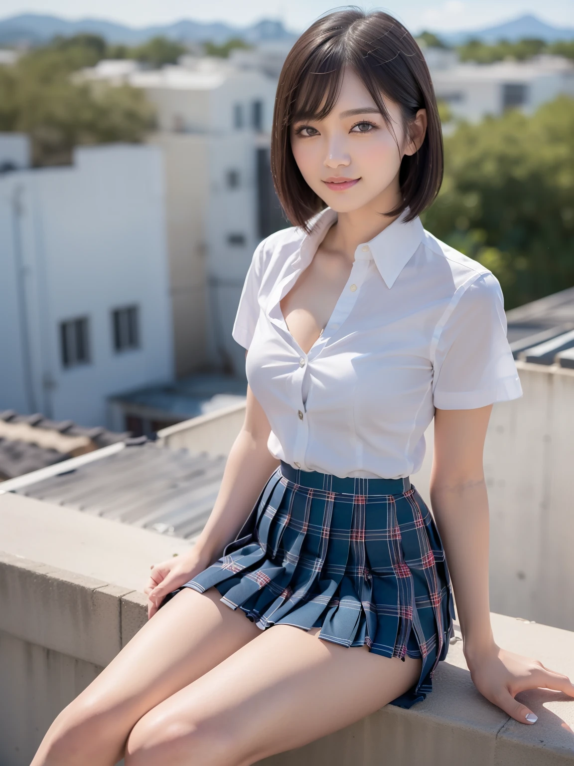 (Highest quality: 1.5), (Realistic: 1.5), (1 person: 1.5), Highly detailed, High resolution, 8k, slightly saggy medium breasts, Natural colored lips, Cute smile, Japanese woman, 20 year old girl, beautiful and graceful features, perfect and beautiful face, balanced big eyes, brunette eyes, beautiful and graceful features, natural double eyelids, natural bangs, beautiful thin nose, beautiful skin, medium bob hair , natural bangs , perfect and beautiful face, slim face and figure, blue summer sky,  socks, (looking at the camera with a sweet smile), bright lighting, professional lighting, forward lighting, beautiful legs: 1.2, smooth skin, slender body, slim waistline, slim thin thighs,  cleavage, detailed clothes, (short sleeve dress shirt:1.5), (Pleated skirt:1.5), plaid pleated micro mini skirt, short sleeve dress shirt, (unbuttoned shirt to show cleavage), sit on the roof of the school, Beautiful breasts, beautiful cleavage,