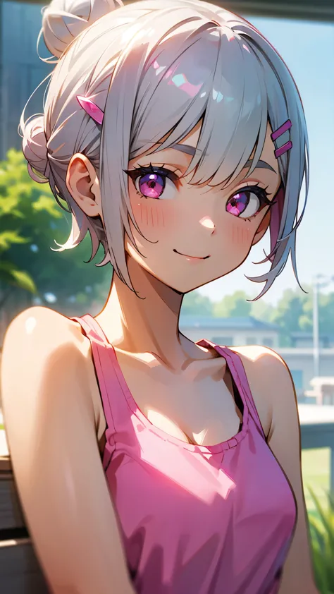１girl、Short silver bob hair tied in a bun with a hair clip, Pink Eyes、smile、really like、Pink pile tank top、Upper body close-up、M...