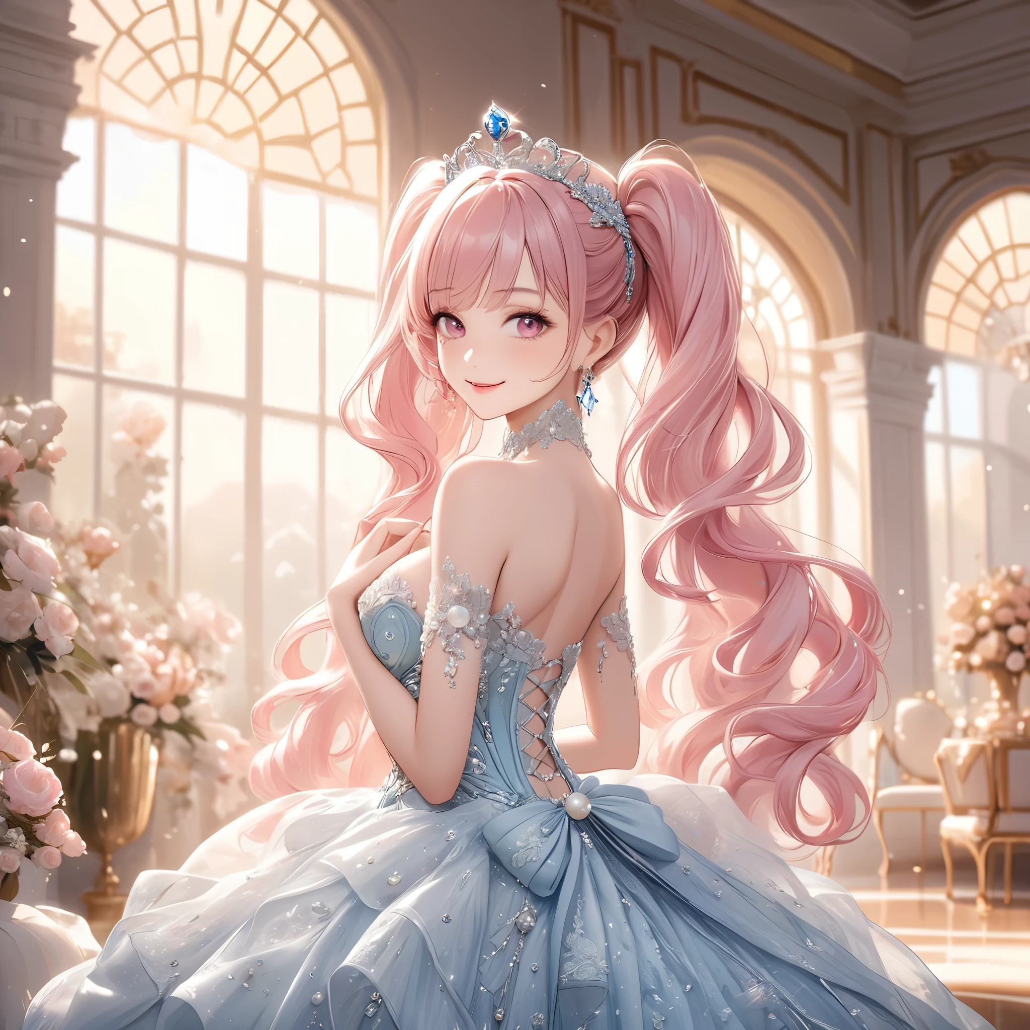 (8K, masutepiece, Highest Quality, Best Quality, Official art, Breathtaking beauty and aesthetics, A highly detailed, The best masterpiece in history that exceeds limits, Breathtaking and beautiful lighting:1.2), (1 Beautiful Girl, Solo), (16 years old), (Beautiful detailed face), (shiny white skin), (Beautiful big bust, cleavage:1.3), (Beautiful detailed pink twintails hair, Bangs:1.3), (beautiful detailed adolable drooing pink eyes:1.3), (Beautiful Luxurious blue Princess Dresses, See-through intricate lace, black cute bow ribbon, a lot of see-through frill, sheer chiffon material, silver thread, Diamond, pearl, corset), (Beautiful Luxurious Diamonds Tiara), (happy smile, Beautiful smile, Gentle smile, cute smile, innocent smile like an angel:1.2), breathtaking scenery, Attractive, amazing, Beautiful, Elegant, Luxurious, magnifica, Eye-catching, the ultimate beauty, Supreme Beauty, Superlative beauty, Elegant, Beauty, Graceful, Everyone loves it, Beauty that fascinates everyone, Healed, The highest level of complete beauty, cute like an idol, Stylish like a fashion model, Goddess-like grace, Be loved, adolable, Look at the camera, cute pose, Happy, looking back, (ultra detailed realistic Breathtakingly beautiful Luxurious room:1.2), (Sparkling pearl effect:1.5),