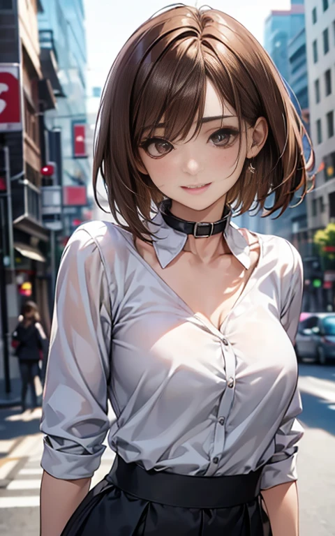 Cute 21 year old Japanese、city、shopping、Highly detailed face、Pay attention to the details、double eyelid、Beautiful thin nose、Sharp focus:1.2、Beautiful woman:1.4、(Light brown hair,short hair、),Pure white skin、highest quality、masterpiece、Ultra-high resolution、(Realistic:1.4)、Highly detailed and professional lighting、nice smile、Please show me your whole body、(A shirt with a collar that emphasizes the chest:1.4, Slit Skirt)