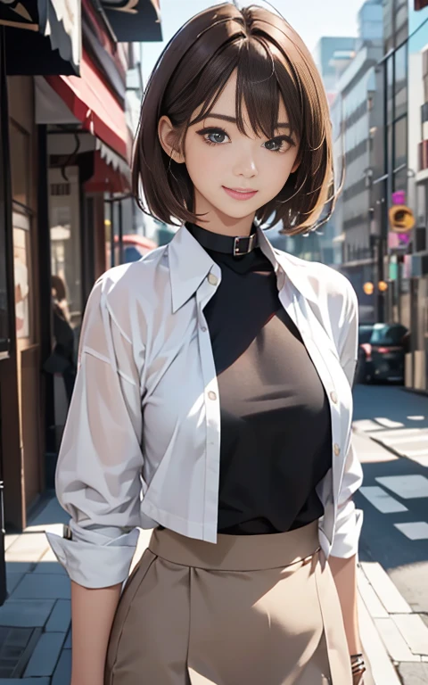 Cute 21 year old Japanese、city、shopping、Highly detailed face、Pay attention to the details、double eyelid、Beautiful thin nose、Sharp focus:1.2、Beautiful woman:1.4、(Light brown hair,short hair、),Pure white skin、highest quality、masterpiece、Ultra-high resolution、(Realistic:1.4)、Highly detailed and professional lighting、nice smile、Please show me your whole body、(A shirt with a collar that emphasizes the chest:1.4, Slit Skirt)