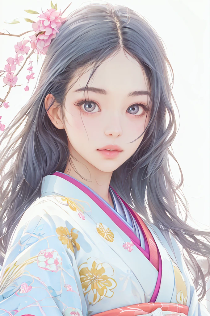 1 beautiful girl、Big round eyes、１By people、Realistic、lips、Tabletop、highest quality、Excellent anatomy、Skin Texture、White Background、Small breasts、Twelve-layered kimono、Gentle pale pink　The beauty of layered colors、Glitter、Black Hair、Long Hair、Beautiful memories、White Tone、Warm Light