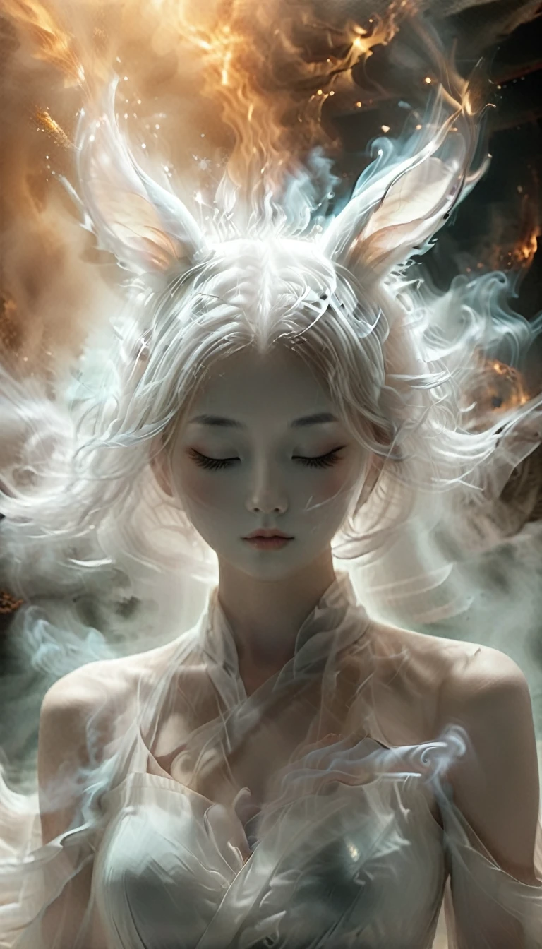 a front-view photograph.  smoke  resembling a rabbit's ears and face, covers the eye area like an eye mask on the face of a chinese female girl. White smoke in front of her forms a distinct rabbit mask, resembling a sleepily-eyed eye mask over her eyes. The smoke art has realistic textures, blending seamlessly with the rabbit’s sleepy face，bailing_darkness，xianxia